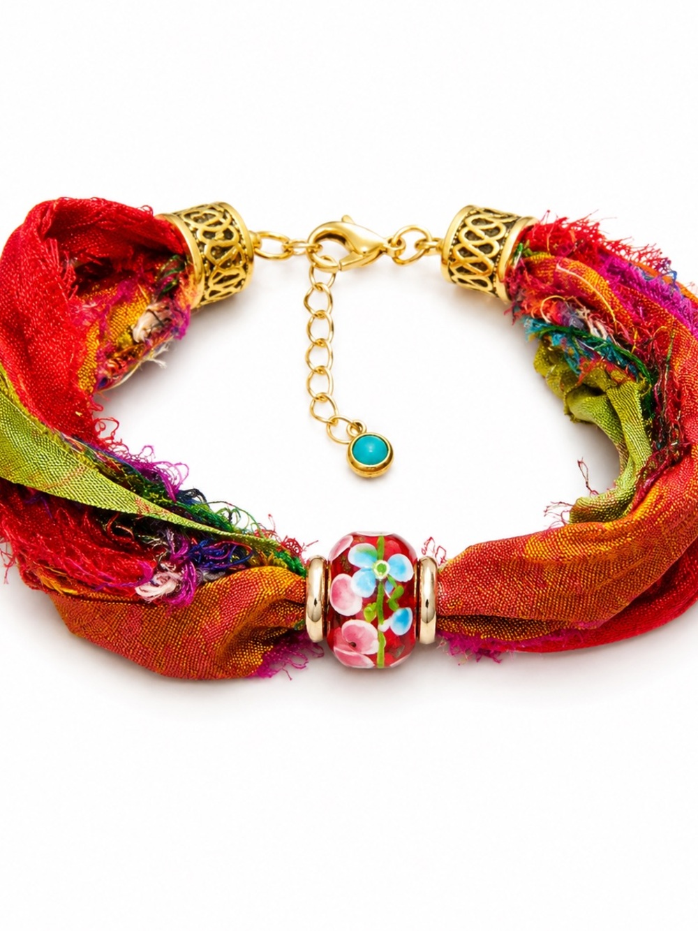Hand Crafted Red Multicolor Floral Glass-Bead Silk Bracelet